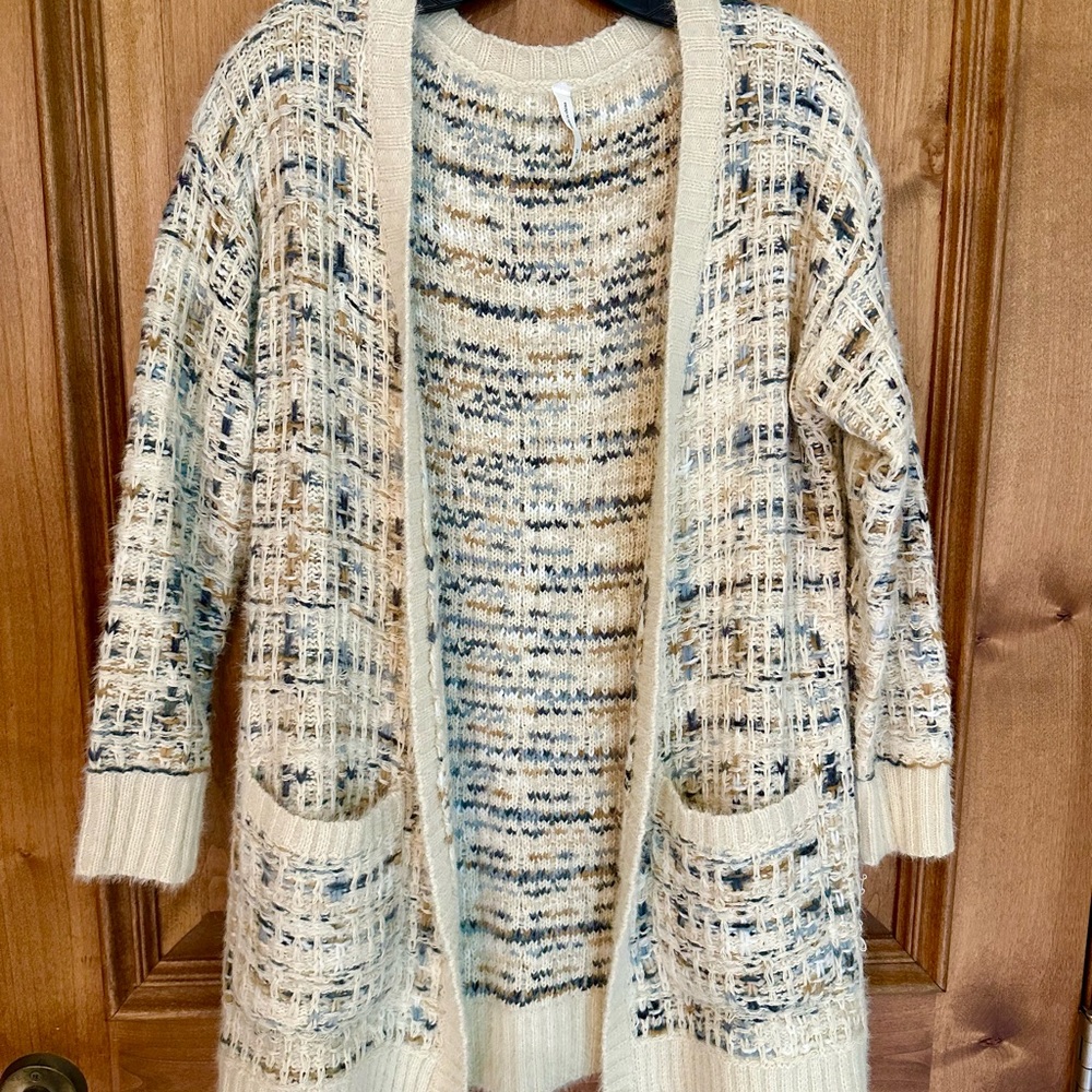 Cozy Cream, Blue and Tan Women's Duster Length Sweater